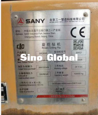 6WG1 Sany second hand rotary drilling rig Engine Power 300KW SR285R 2020